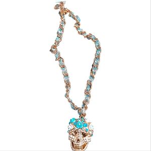 NWT Betsey Johnson Skulls and Roses Gold Pave Crystal Heart Eye Skull Necklace